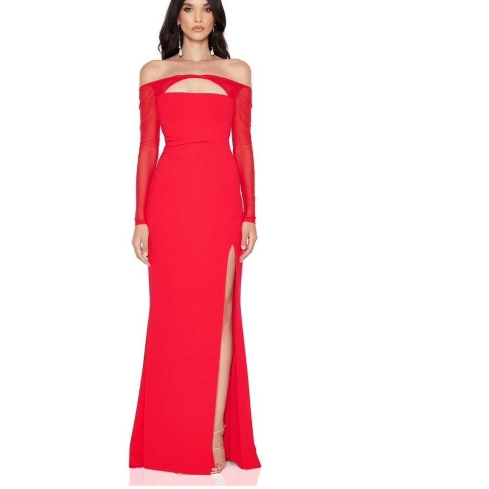 Nookie Marlowe gown dress Red Long Sleeve maxi mesh evening Revolve NWT L